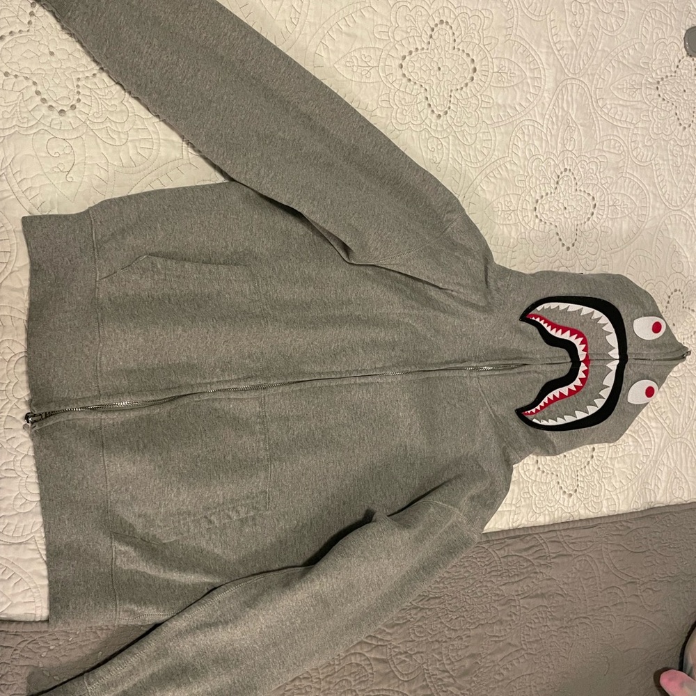 Bape Grey Shark Zip-Up Hoodie with Red & White Details